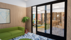 Interior rendering of a meeting room within a modern office building. Separated from the main office space by a sliding glass door, the room has wooden and white plaster wall, a green cushioned couch, and a blue geometric floor pattern.