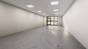 Interior building rendering of an empty office building. Includes white walls, a white roof, a concrete floor, and a door with two glass windows at the back of the rendering.