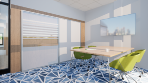 Rendering of conference room within a modern office. Includes a wooden table wit green cushioned chairs, a blue carpet with geometrical shapes, and a television screen mounted to the wall.