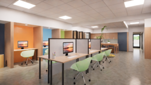 Interior rendering of main workspace of a modern office. Includes wooden desks both freestanding and against the wall, a mix of white and colored walls, and a kitchen space towards the back of the rendering.