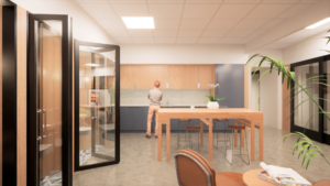 Rendering of kitchen space within a modern office. Includes wood cabinetry and a counter-height table, a cushioned seating space, multiple private call rooms separated by glass doors, and a back kitchen with a white marble counter