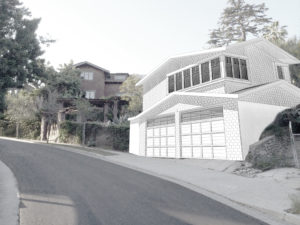 Black-and-white sketch rendering showing the front facade to a modern house from the street. A two-car garage within a wood shingle facade faces the road, with a neighboring house and foliage seen in the background