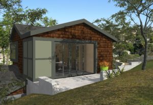 Rendering showing the side entrance to a modern house. The white path leads to a sliding glass door in a wood shingle wall surrounded by foliage.