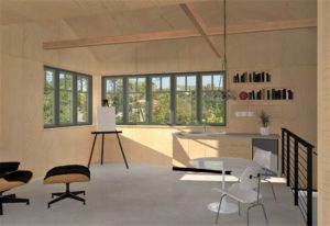 Interior rendering of an upstairs artist workspace within a modern home. Includes wooden walls, cabinets, floors, and eight windows overlooking the neighborhood.