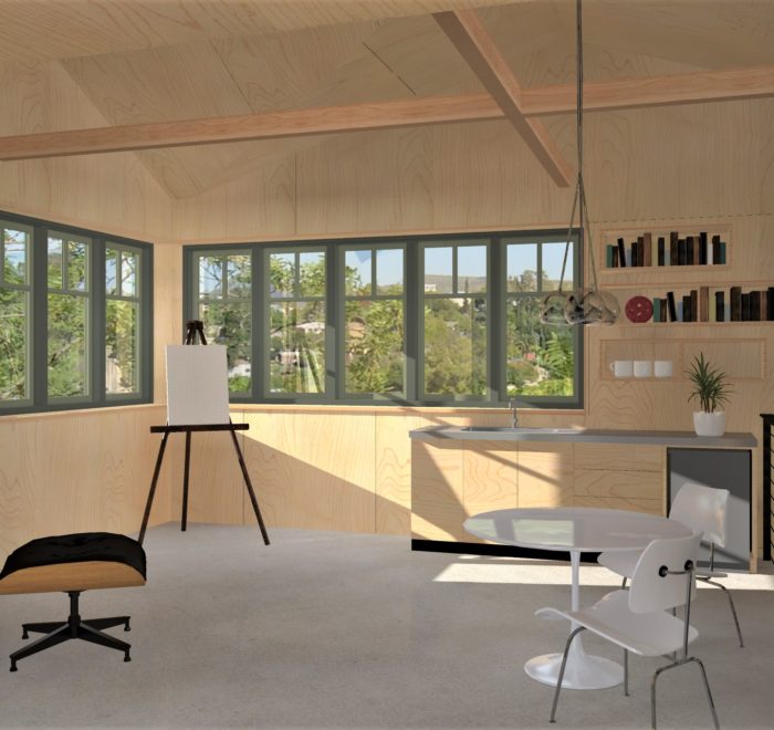 Interior rendering of an upstairs artist workspace within a modern home. Includes wooden walls, cabinets, floors, and eight windows overlooking the neighborhood.