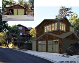 Rendering showing the front facade to a modern house from the street. The existing two-car garage within a wood shingle facade is pictured in the top left corner, with the proposed plans of adding a second story shown in the bottom right.