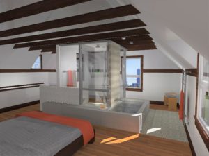 Interior rendering of a modern bedroom and bathroom within the attic space of a building. Includes a bathtub, shower, sink with countertop space, and a bed.