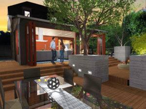 Exterior rendering of a modern kitchen and outdoor patio space. Includes a glass dining table, a couched seating area, multiple trees, and sliding glass walls that wrap around the entire kitchen.