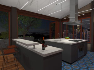 Interior rendering of a modern kitchen overlooking a nighttime downtown Los Angeles skyline. Includes white marble countertops., two islands with included seating space, and sliding glass walls that wrap around the entire kitchen.