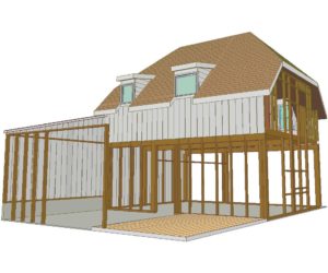 Rendering of a house with a brown tile roof and white panel walls. The ground floor has its wall removed to show the wood framing within the walls.