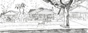 Sketch of three houses along the same street. Each house has a wooden exterior, a large tree in the front, and other vegetation around the houses.