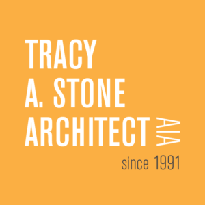 Tracy A. Stone Architect company logo. The company name sits on an orange background, with "AIA" in white rotated horizontally and "since 1991" in black below that.