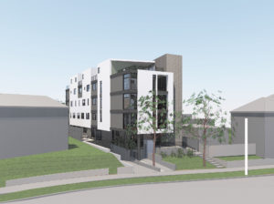 Rendering of a proposed modern unit from the street. Shows the road, driveway to the garage, and unit main entrances.