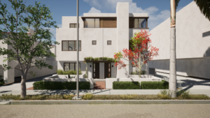 Rendering of a proposed modern unit from the street. Shows the road, driveway to the garage, and unit main entrances.