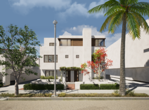 Rendering of a proposed modern unit from the street. Shows the road, driveway to the garage, and unit main entrances.