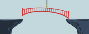 Graphic depicting a crane arm moving a bridge into place to span between two cliffs.