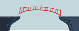 Graphic depicting a crane arm moving a bridge into place to span between two cliffs.