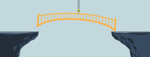 Graphic depicting a crane arm moving a bridge into place to span between two cliffs.