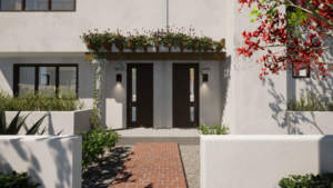 Rendering of the front entrance of a modern unit. Shows the walkway, front door, and foliage,