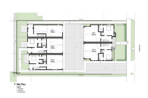 Ground floor site plan with five modern units. Shows the garage and entryway.