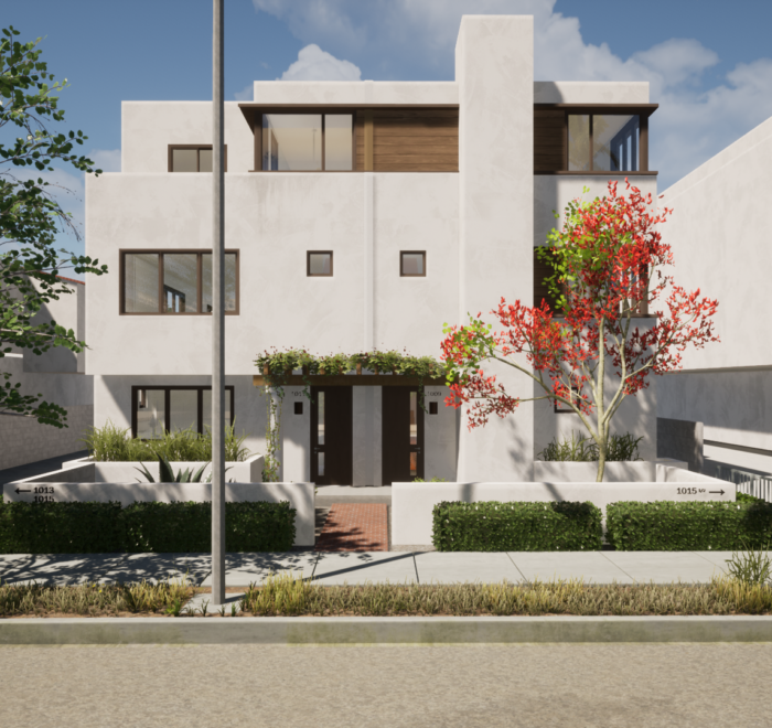 Rendering of the front entrance of a modern unit from the street. Shows the walkway, front door, sidewalk, and the road.