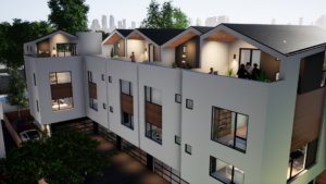 Rendering of the front of five modern units. Shows the drive, unit garages, and rooftop.