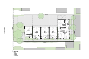 Ground floor site plan with five modern units and a back ADU. Shows the garage and entryway.