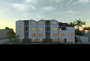 Elevation of the front of several modern units. Shows the unit main entrances and walkway.