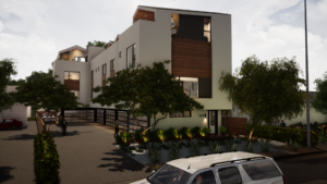 Rendering of the main entrance into the property. Shows the driveway, garages, balconies, and rooftops of several modern units.