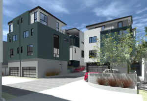 Rendering of the main entrance into the property. Shows the driveway, garages, balconies, and rooftops of several modern units.