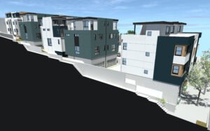 Elevation showing the walkway outside the property, as well as the garages and rooftops of several modern units.