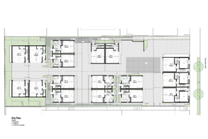 Ground floor site plan with seventeen modern units and three commercial spaces. Shows the garage and entryway.