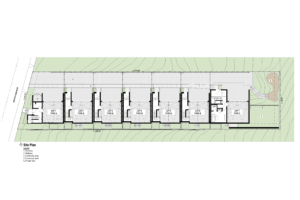 Ground floor site plan with seven modern units. Shows the garage and entryway.