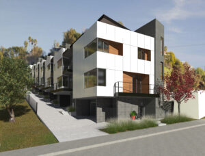 Rendering of seven modern units from the street. Shows the driveway, unit main entrances, balconies, and the road.