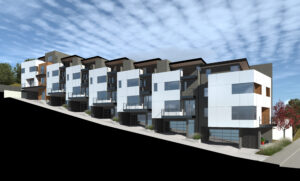 Rendering of the front of seven modern units. Shows the driveway, garage, balconies, and rooftops.