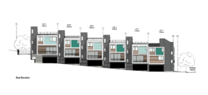 Elevation showing the backside of six modern units. Shows the unit garages, balconies, and rooftops.