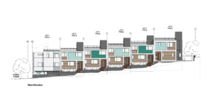 Elevation showing the front of six modern units. Shows the unit main entrances and rooftops.