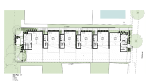 Ground floor site plan with six modern units. Shows the garage and entryway.