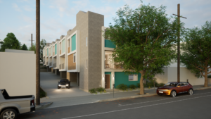 Rendering of the backside of several modern units from the street. Shows the driveway, garages, sidewalk, and the road.