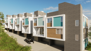 Rendering of the backside of six modern units. Shows the driveway, garage, balconies, and rooftops.