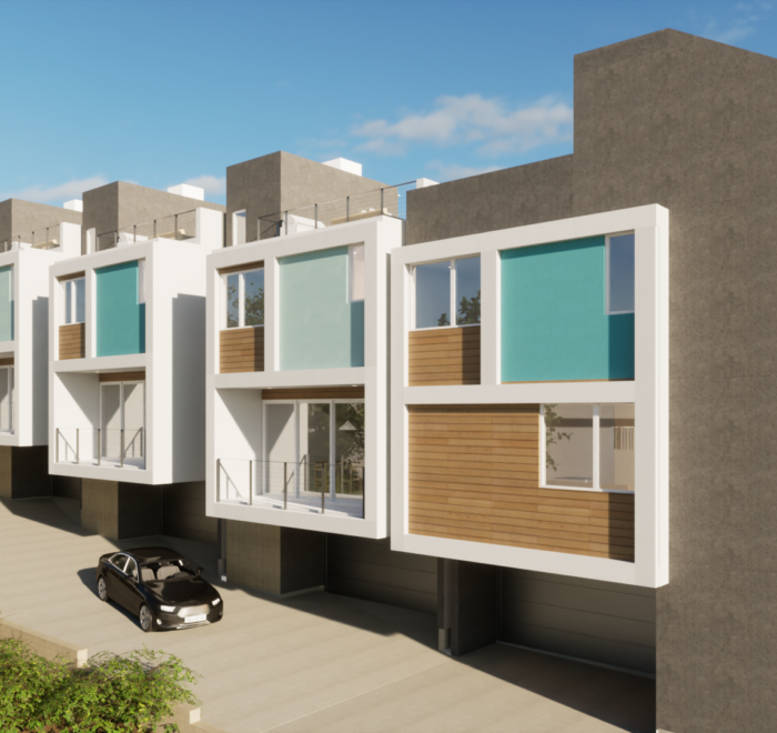 Rendering of the backside of six modern units. Shows the driveway, garage, balconies, and rooftops.