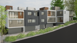 Rendering of the backside of several modern units. Shows the driveway, garages, balconies, and rooftops.