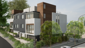 Rendering of the front and side of a modern unit. Shows the sidewalk, main entrance, and foliage.