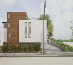 A rendering of the back of a modern unit from the street. Showing the driveway and sidewalk.