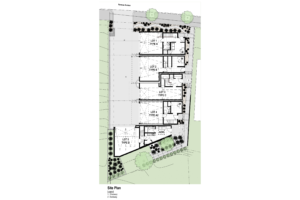 Ground floor site plan with five modern units and a back ADU. Shows the garage and entryway.